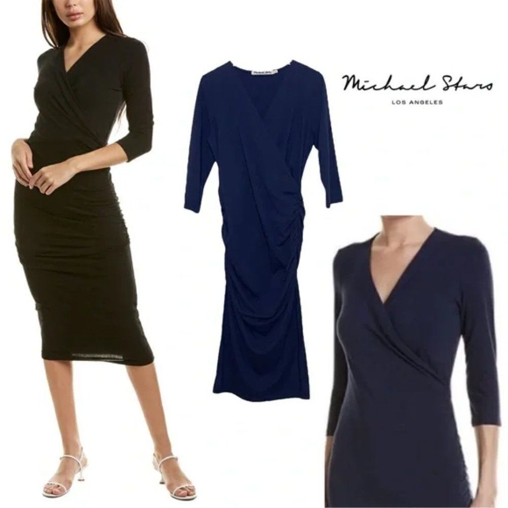 ✨ MICHAEL STARS ✨ 3/4 Sleeve Surplice Ruched Midi Dress - [XS in Black]